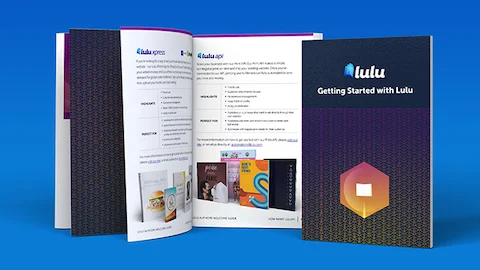 Open book with title Getting Started with Lulu, a how-go guide of registering for free then making a custom book to print or sell on Lulu.